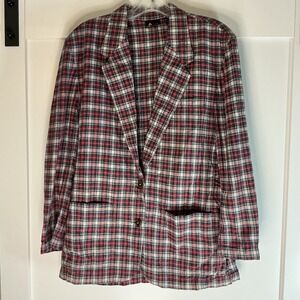Liz Sport Vintage Blazer Size 8 Red Plaid Linen Cotton‎ Blend Academia Heritage